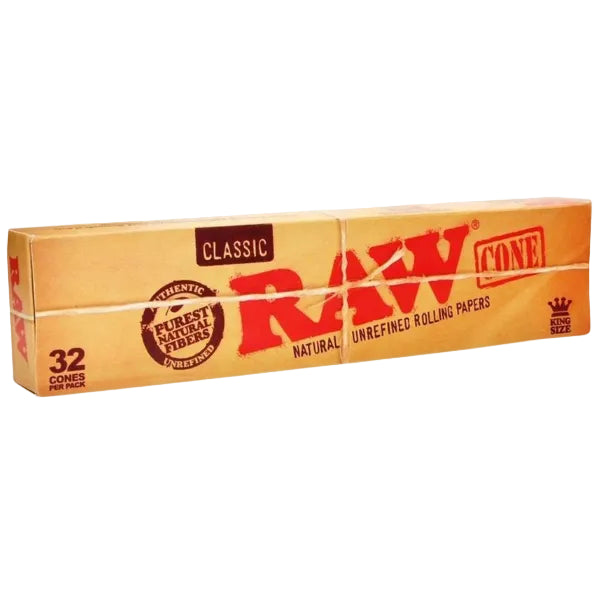 RAW Classic 32 king size pre rolled cones box made from natural unrefined rolling paper