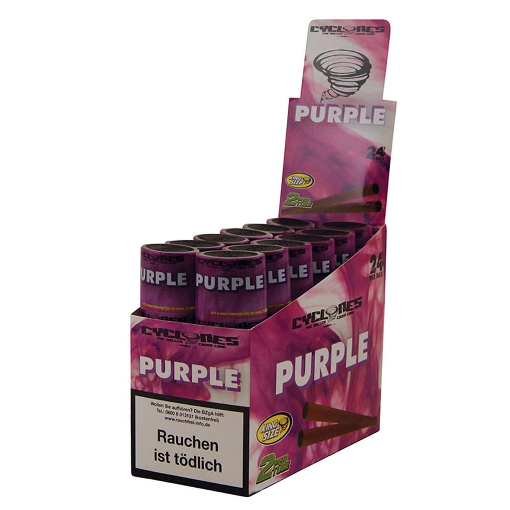Cyclones Purple Kingsize Cones, aromatic blunt cones in a box, featuring purple branding and rolled design for smooth smoking.