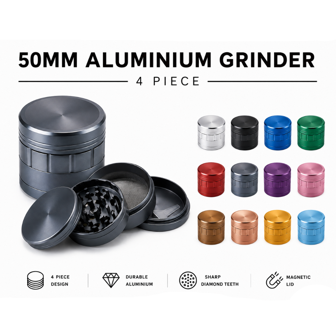Everyday Smoking aluminum 4-piece grinder, 50mm diameter, with textured grip and multiple compartments for grinding herbs.