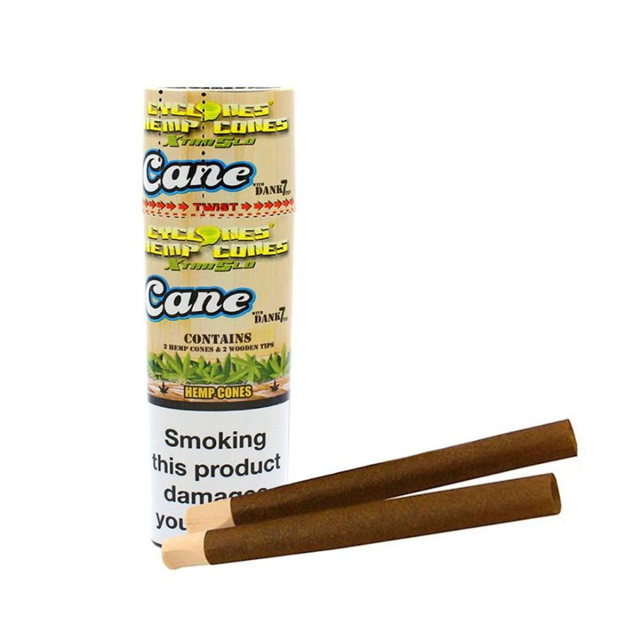 Cyclones Cane Hemp Cones with Dank 7 Tips, blunt cones for rolling, featuring natural hemp material and sturdy design.