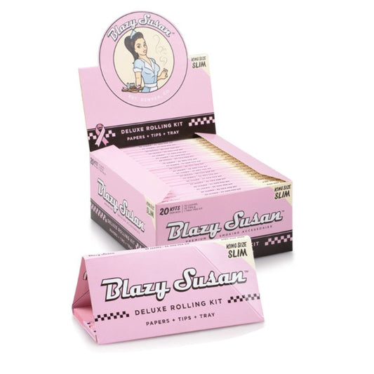 Blazy Susan pink deluxe rolling kit with king size slim papers tips and tray
