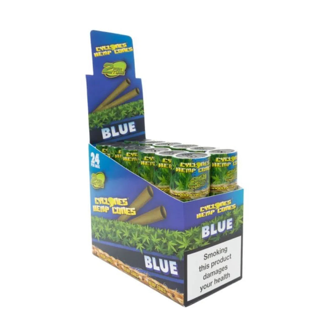 Cyclones Blue Hemp Cones blunt cones with blue hemp paper, featuring a rolled tip and natural hemp material for smooth smoking experience.