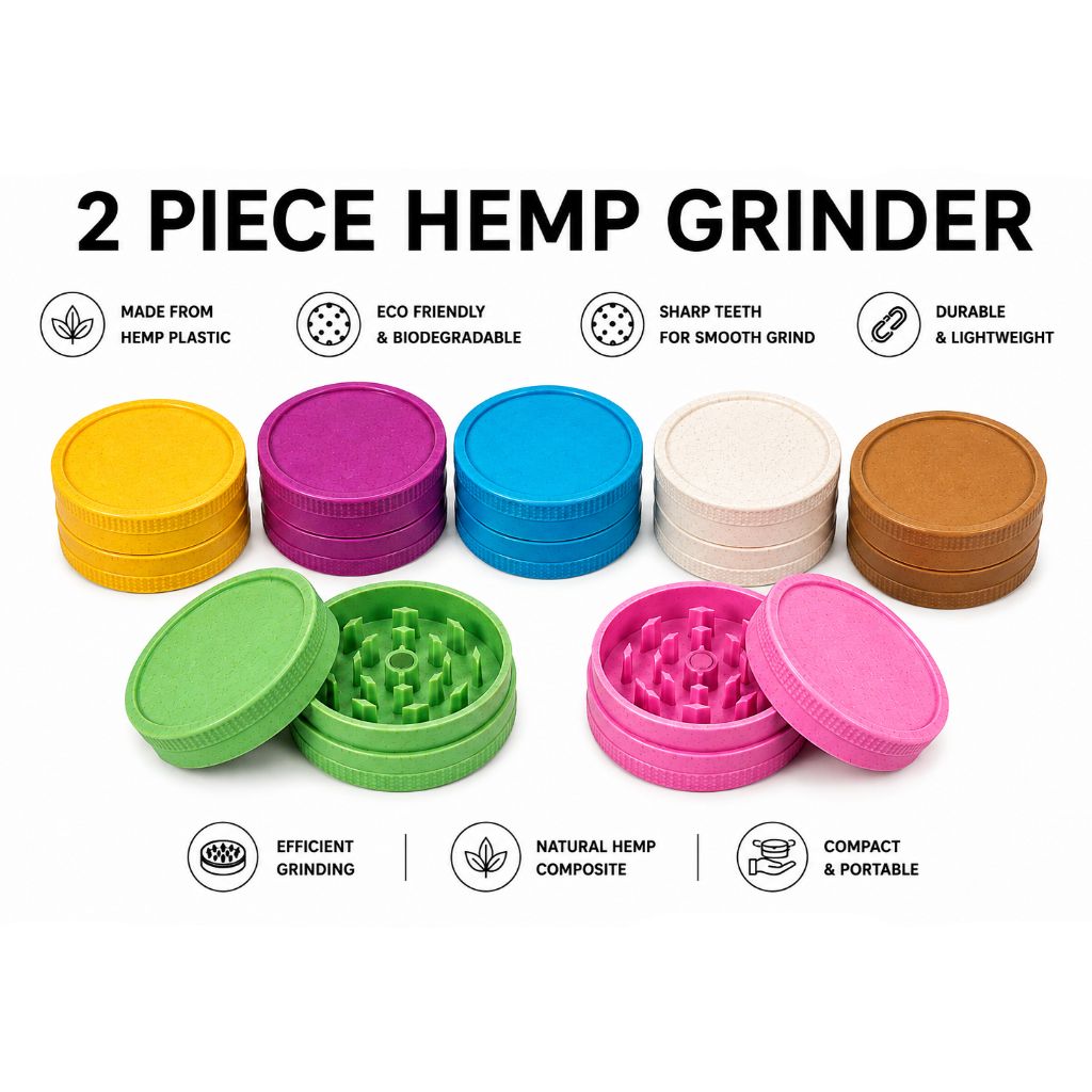 Biodegradable 2-part grinder from Everyday Smoking with a durable plastic body and metal teeth for grinding herbs.