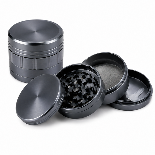 Aluminum 4-piece grinder by Everyday Smoking with a 50mm diameter, featuring a textured grip and multiple compartments for grinding.