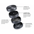 Aluminum 4-piece grinder, 50mm size, from Everyday Smoking, showing the compact, durable design with grinding teeth and compartments.