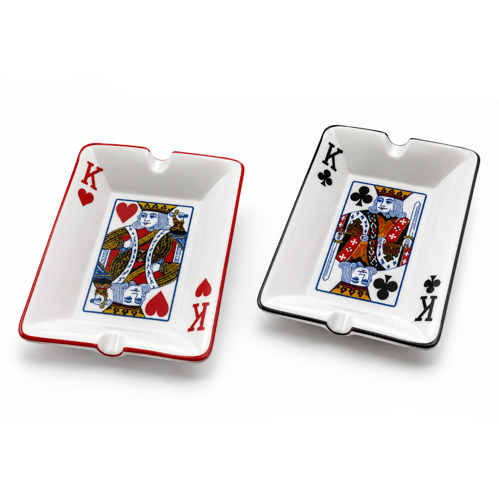 Ceramic ashtray featuring a king playing card design by Everyday Smoking, with a circular shape and engraved card details.