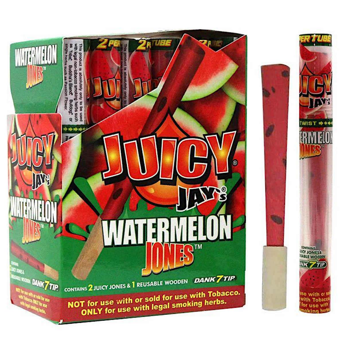 Juicy Jay Watermelon pre-rolled cones with Dank 7 wooden filter tips, ready for use, featuring vibrant watermelon design and premium construction.