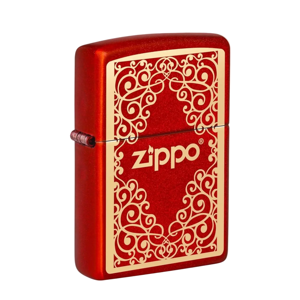 Zippo red windproof lighter with gold scroll ornament design