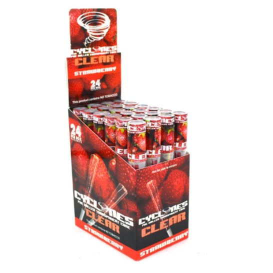 Cyclones Strawberry clear pre-rolled cones for smoking, featuring a vibrant strawberry flavor and transparent design.
