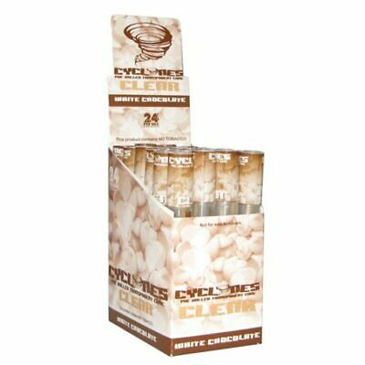 Cyclones White Chocolate flavored clear pre-rolled cones for smoking, featuring a sleek transparent design and white chocolate scent.