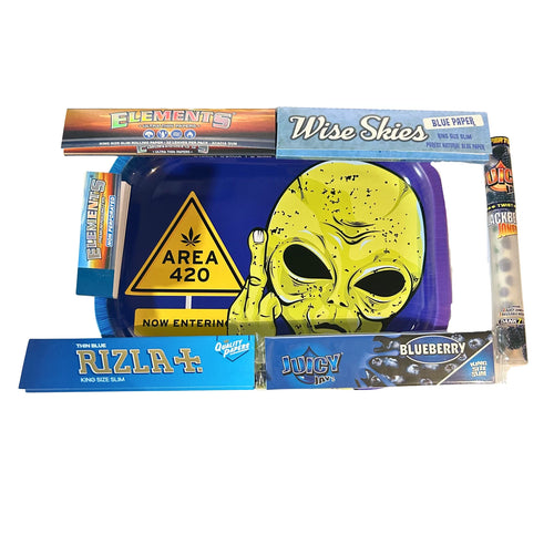 Alien 420 metal rolling tray gift set with rolling papers, tips and flavoured cones