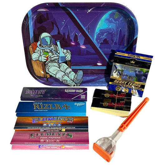 Astronaut themed metal rolling tray gift set with papers, tips and accessories