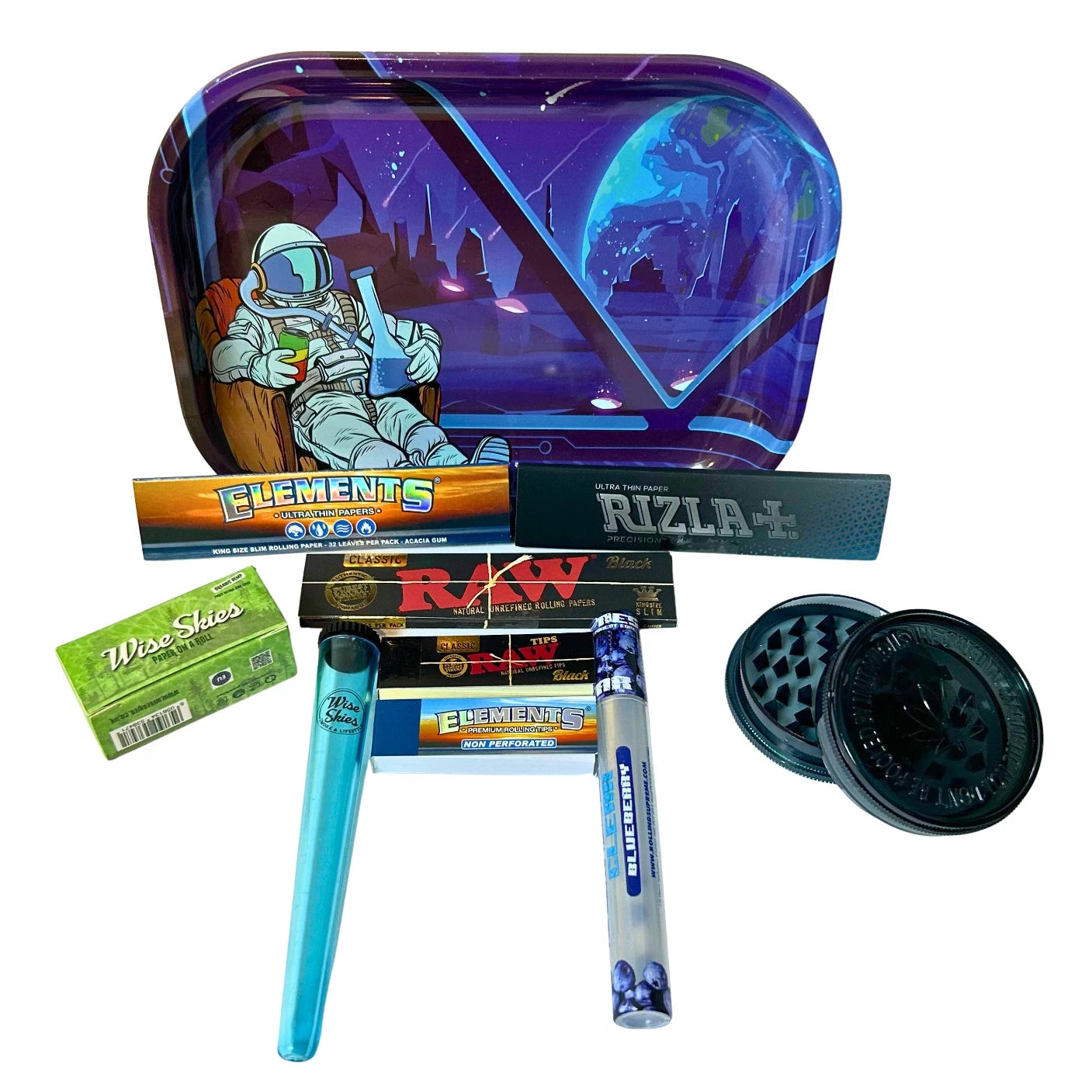 Astronaut rolling tray gift set with rolling papers, tips, grinder, cones and storage tube on white background