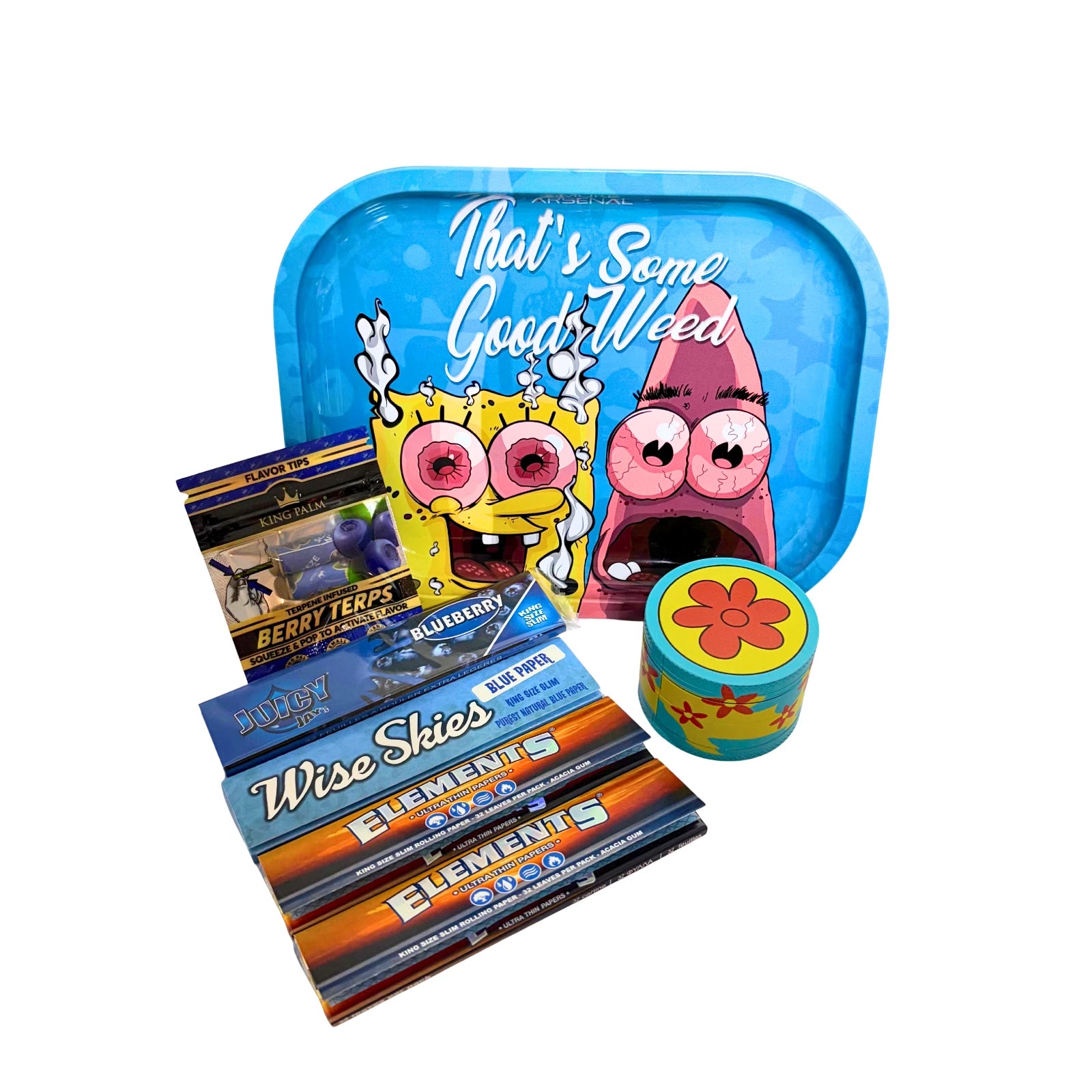 Cartoon sponge style metal rolling tray set with rolling papers, grinder and flavour tips