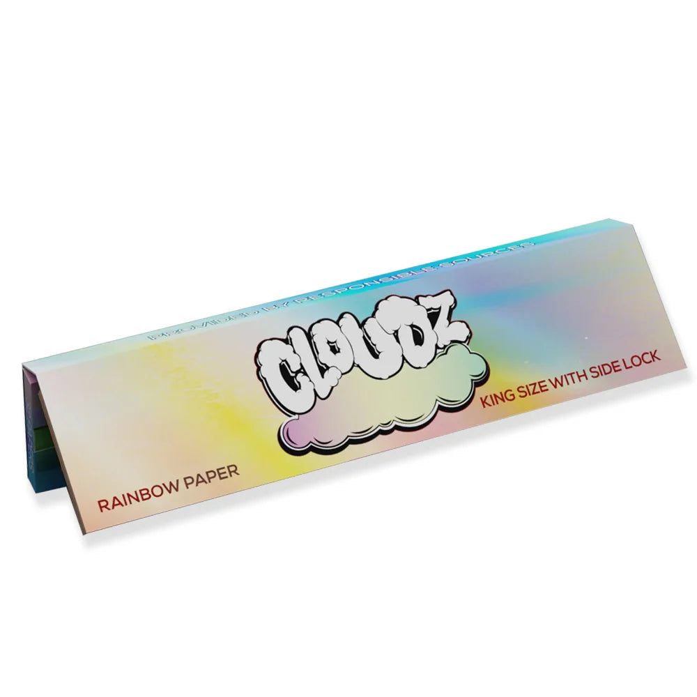 Cloudz Rainbow Kingsize rolling papers with tips featuring multicolour ultra-thin papers in side-lock pack