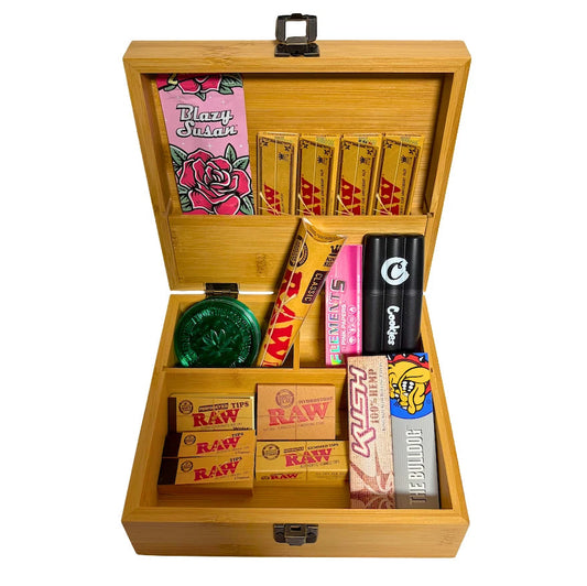 Cookies wooden rolling box set with RAW Blazy Susan Elements grinder tips and rolling accessories inside