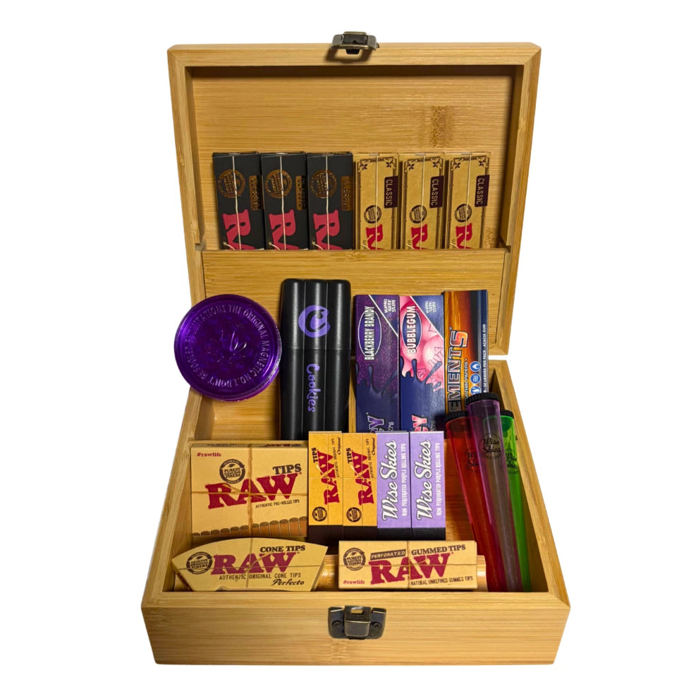 Cookies wooden rolling box set with lock filled with RAW Juicy Jay Elements papers grinder and accessories