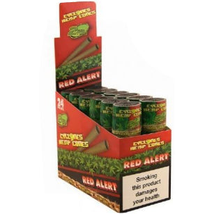 Cyclones Red Alert hemp blunt cones with red and black design, ready for filling and smoking, made by Cyclones.