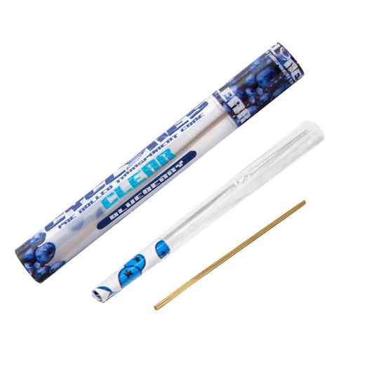 Cyclones blueberry clear pre rolled cone with roach tip and packing stick in protective tube
