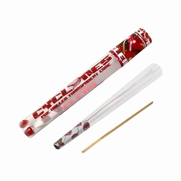 Cyclones cherry clear pre rolled cone with roach tip and packing stick in protective tube
