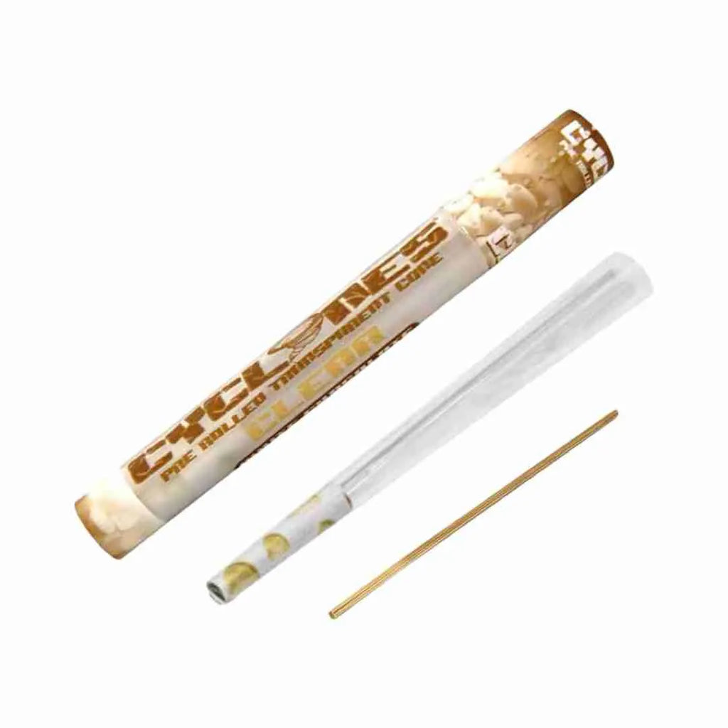 Cyclones white chocolate clear pre rolled cone with roach tip and packing stick in protective tube
