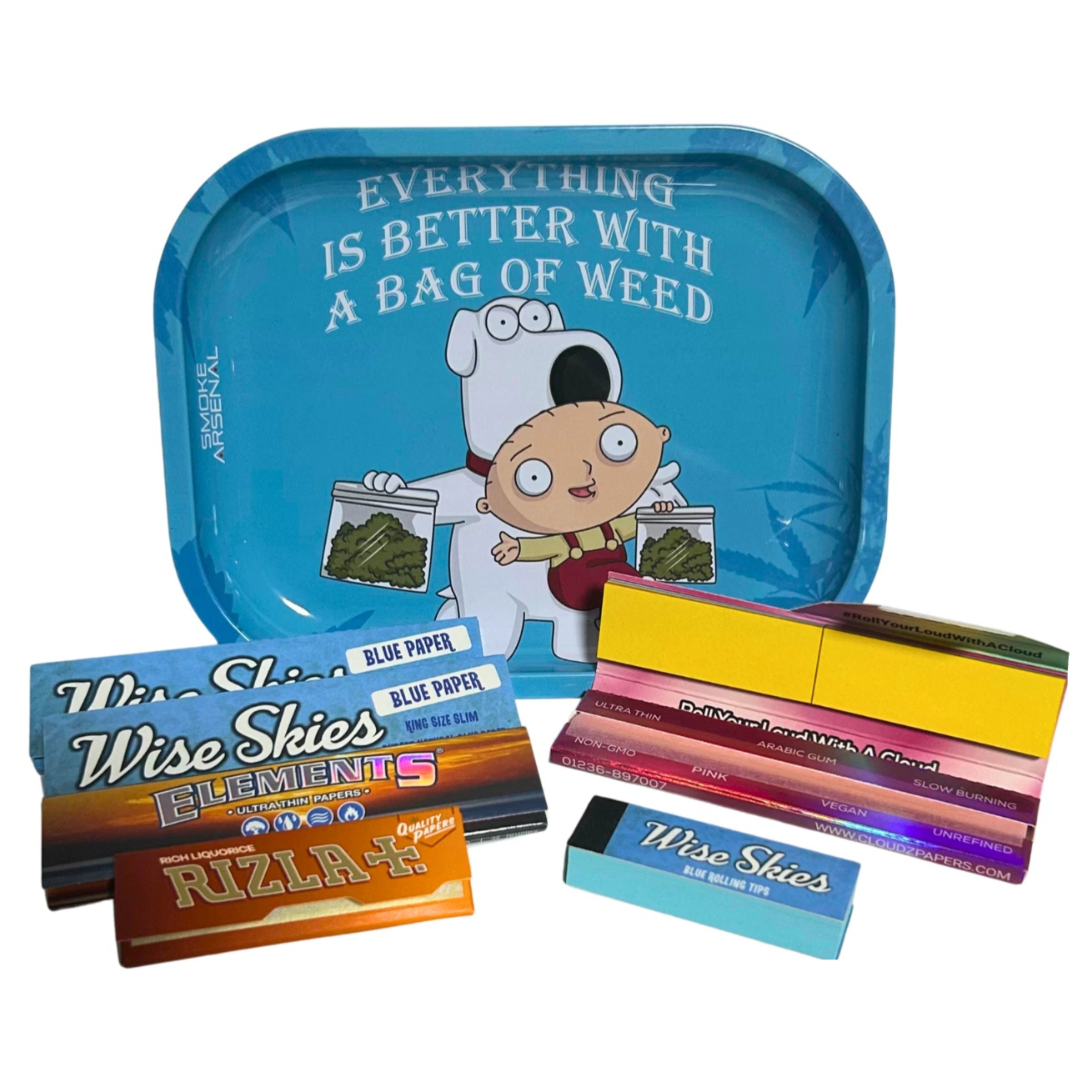 Family Guy style metal rolling tray gift set with Wise Skies, Rizla, Elements and Cloudz rolling papers and tips on a white background