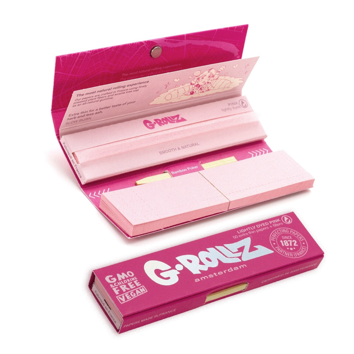 G Rollz lightly dyed pink rolling papers with tips kingsize slim pink paper pack