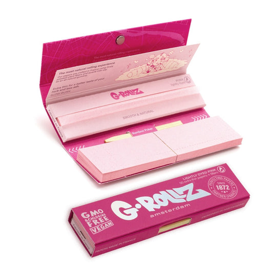 G Rollz lightly dyed pink rolling papers with tips kingsize slim pink paper pack