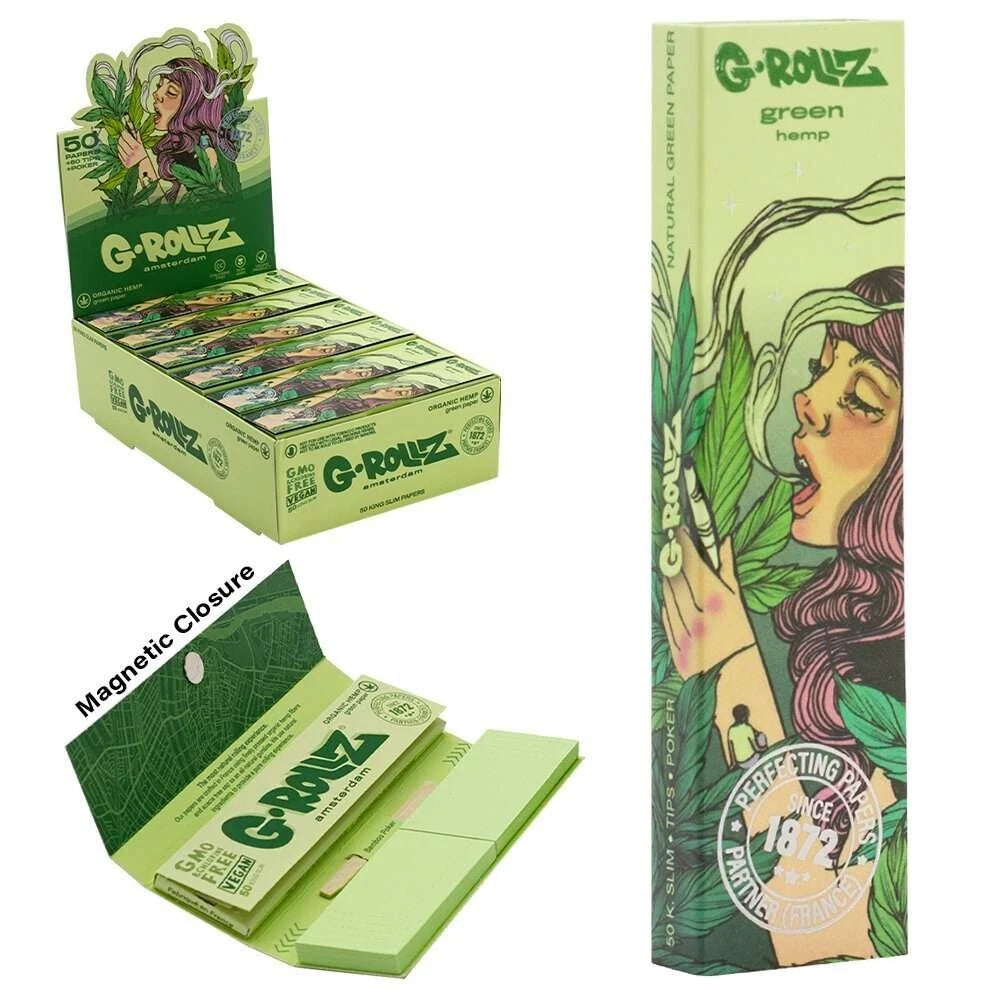 G-Rollz Medicago Sativa king size rolling papers with filter tips and bamboo poker in green fold-out booklet