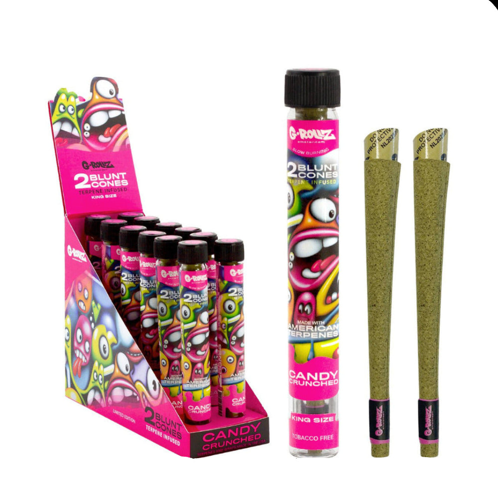 Blunt Cones packaging with colorful design and candy crunch flavor text.