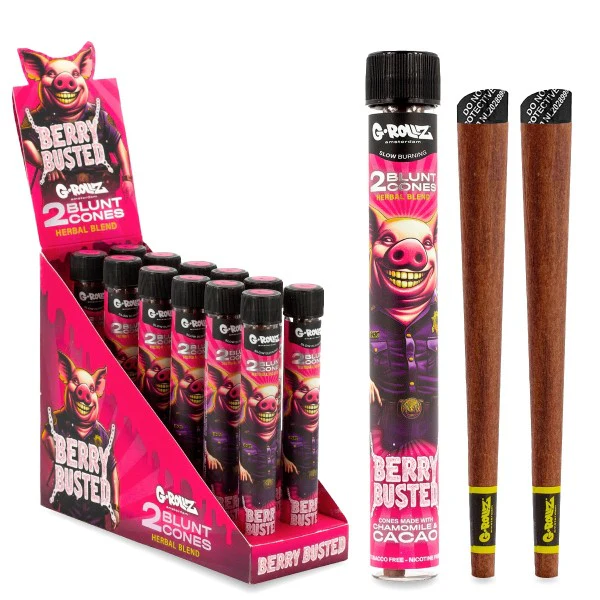 G Rollz Berry Busted blunt cones, pre-filled cannabis rolling cones with colorful berry-themed design and natural paper material.