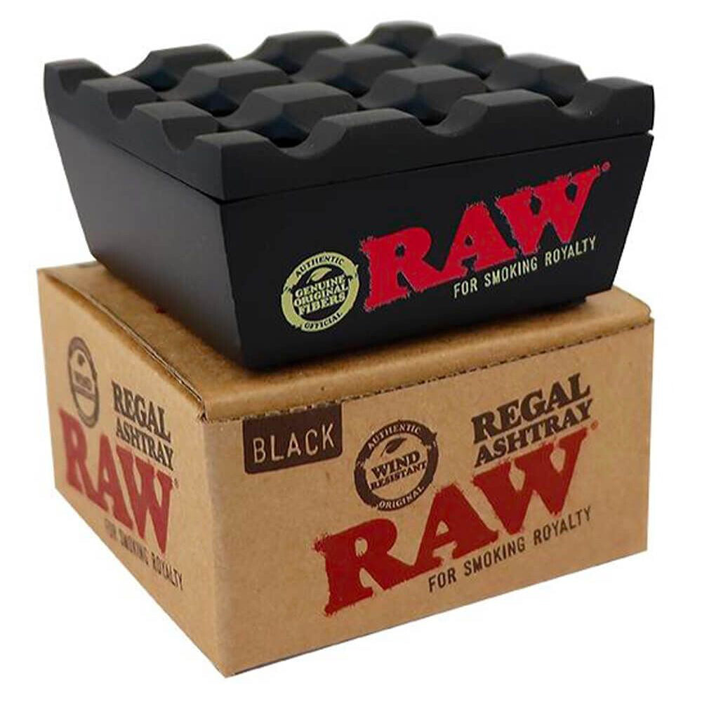 Raw Black Regal ashtray, stylish black ceramic ashtray with a sleek design, perfect for cigarette or cigar disposal.