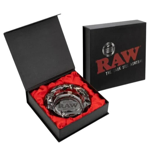 RAW The Dark Side glass ashtray, black-colored durable ashtray with a sleek design, suitable for smoking accessories.