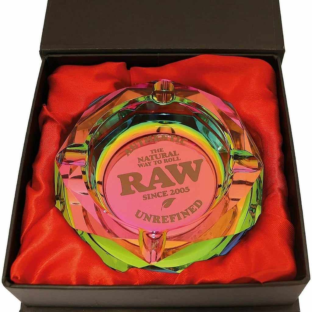 RAW Rainbow Glass Ashtray showing colorful, handcrafted glass design with a round shape and smooth finish.