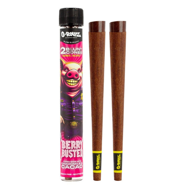 G Rollz "Berry Busted" Blunt Cones filled with tobacco or herbs, showcasing the cone shape and vibrant berry design.