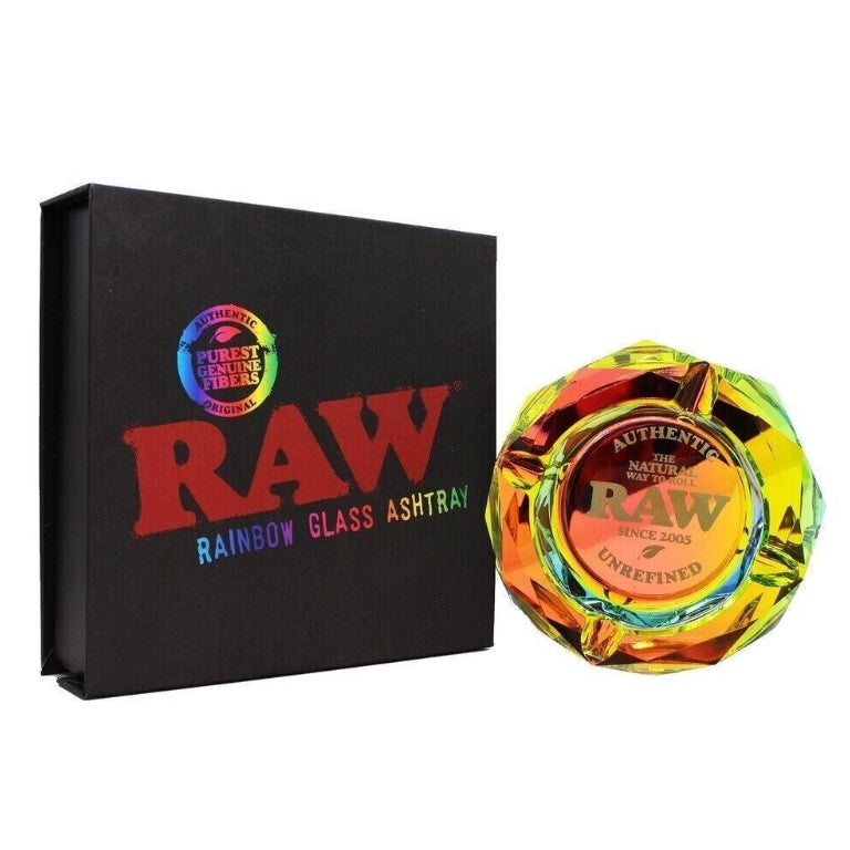 RAW Rainbow Glass Ashtray with colorful glass design, featuring a round shape and smooth edges for stylish smoking accessory.