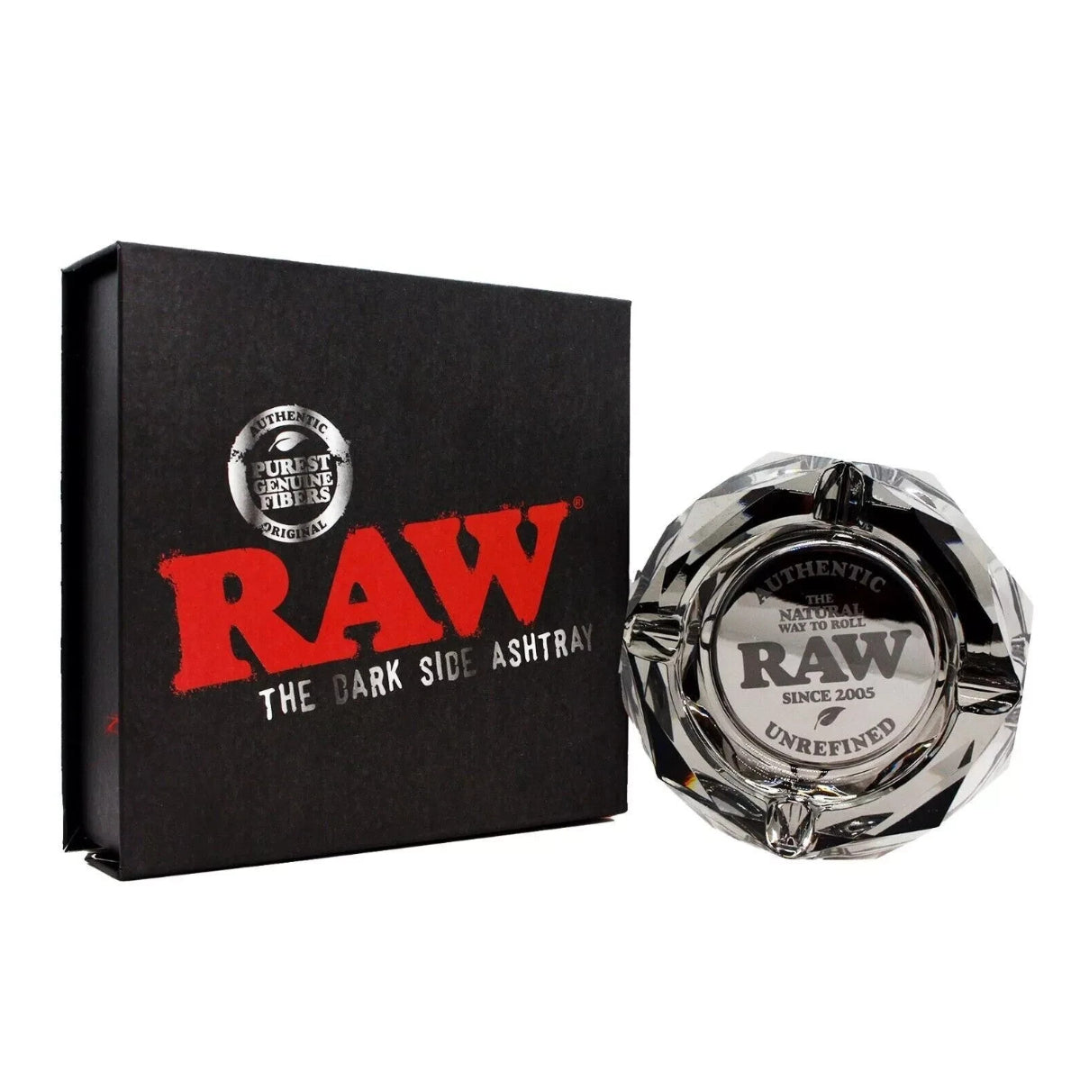 Raw The Dark Side glass ashtray, black and clear design with a smooth, rounded shape, showcasing the RAW brand style.
