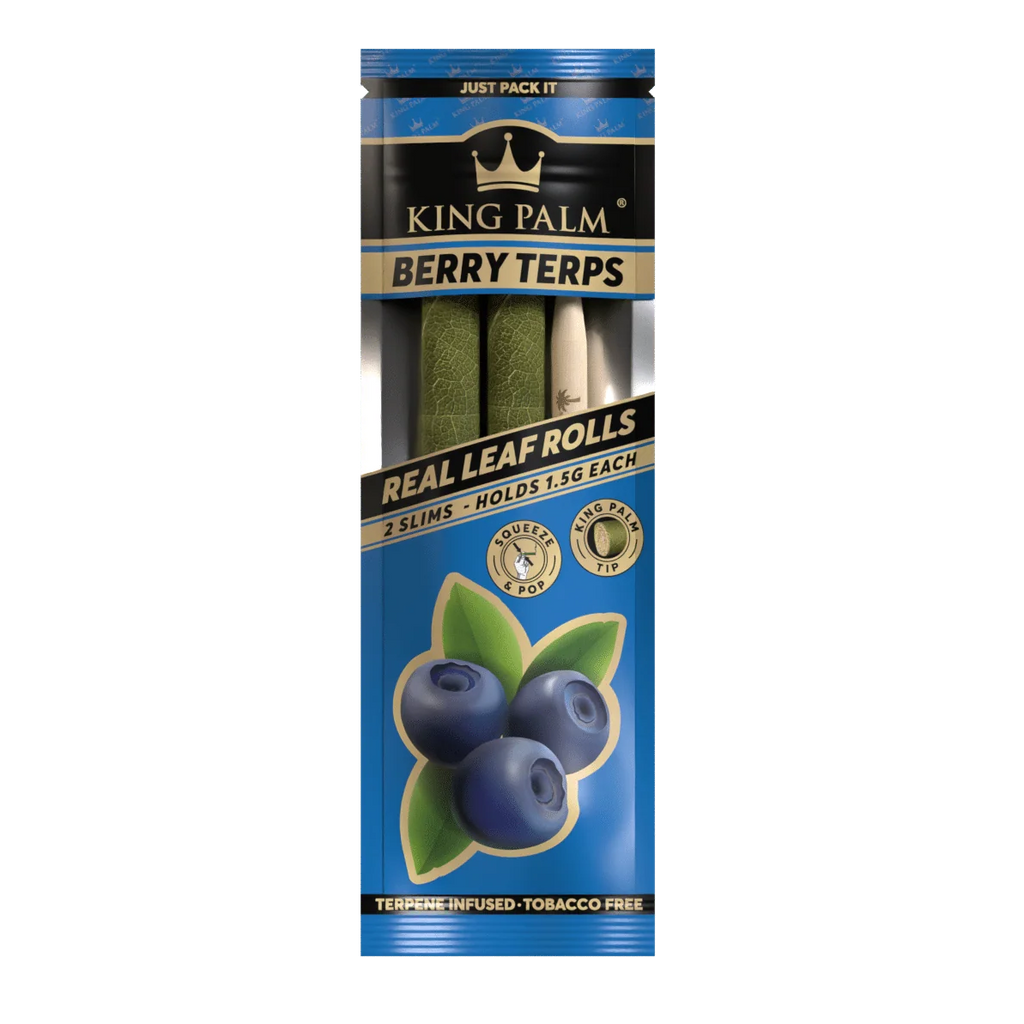 King Palm Berry Terps real leaf slim blunt wraps with squeeze and pop terpene filter and bamboo packing stick