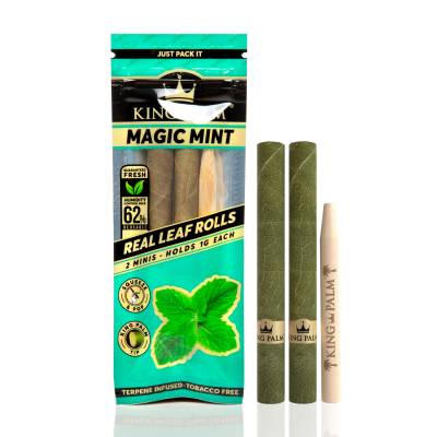 King Palm Magic Mint real leaf mini blunt wraps with squeeze and pop terpene filter and bamboo packing stick