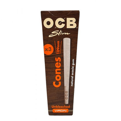 OCB Virgin unbleached slim pack of 3 king size pre rolled cones made from natural paper