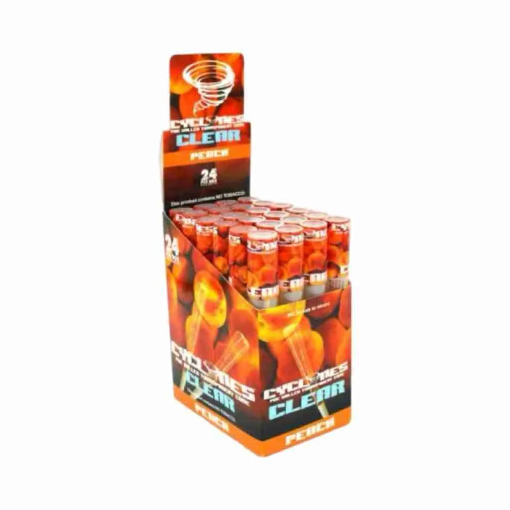 Cyclones Peach clear pre-rolled cones for smoking, showcasing the transparent design and peach flavor branding.