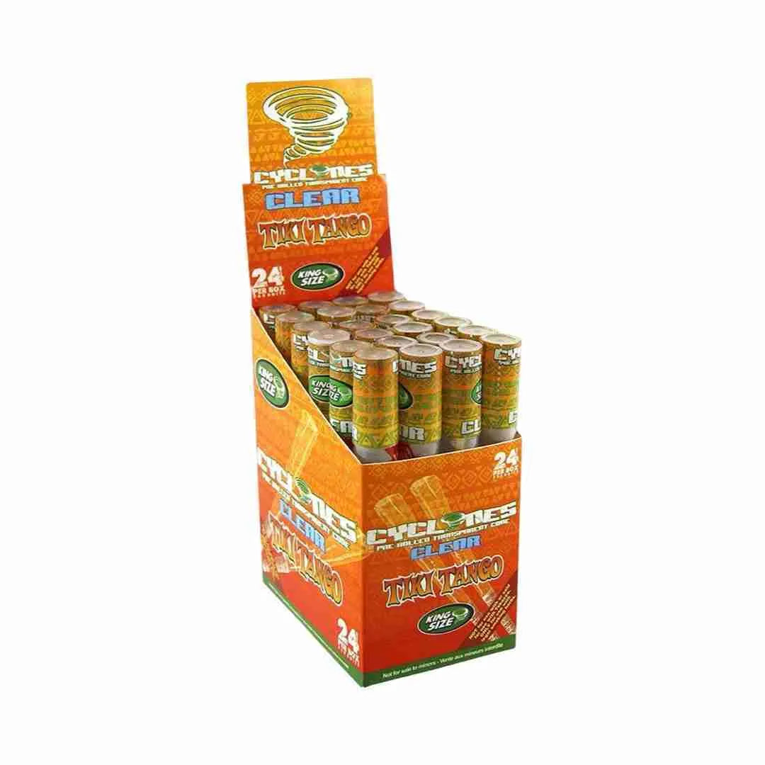 Cyclones Tiki Tango clear pre-rolled cones for smoking, with detailed design and transparent material, displayed on a neutral background.