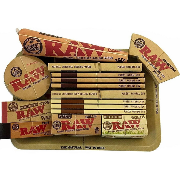 RAW 16 piece smoking kit with rolling tray, papers, tips, cones and rolls