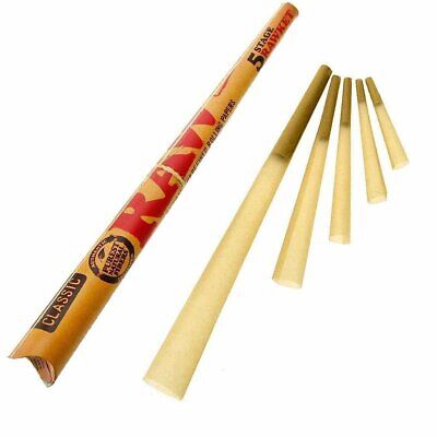 RAW 5 Stage RAWKET pre rolled cones set showing five different cone sizes made from natural unrefined RAW rolling paper.