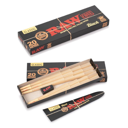 RAW Black 20 king size pre rolled cones with loading funnel ultra thin rolling paper
