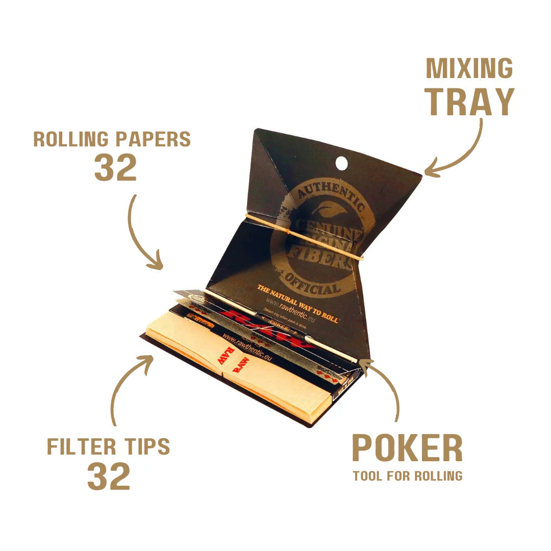 RAW Black Artesano Kingsize rolling papers set showing tray, papers, filter tips and poker tool