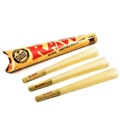RAW Classic pack of 3 king size pre rolled cones made from natural unrefined rolling paper