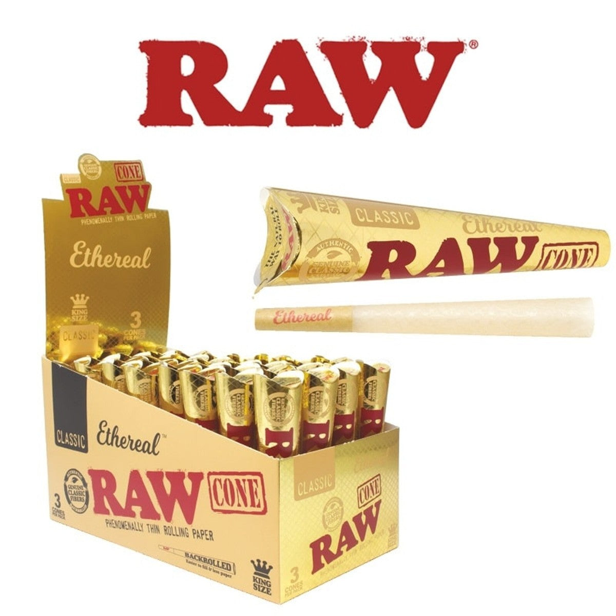 RAW Gold Ethereal pack of 3 king size pre rolled cones with ultra thin rolling paper