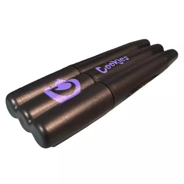 Cookies Purple Triple Joint Cone Holder with stylish purple design, holds three pre-rolled cones securely in a sleek, durable container.