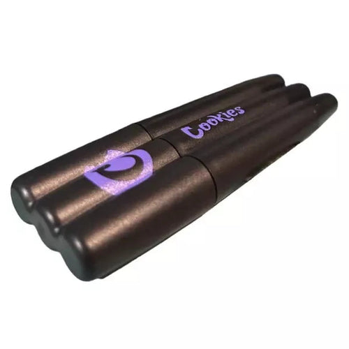 Cookies Purple Triple Joint Cone Holder with stylish purple design, holds three pre-rolled cones securely in a sleek, durable container.